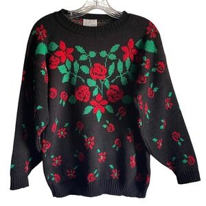 VTG GFC Floral Rose Knit Sweater Black Red Green USA Cottagecore 80s‎ L